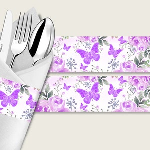 Anillos de servilleta de baby shower de mariposa imprimibles, envoltorios de servilletas blancos púrpuras, envoltura de utensilios de ducha para niñas, descarga instantánea, jardín floral 7AANK