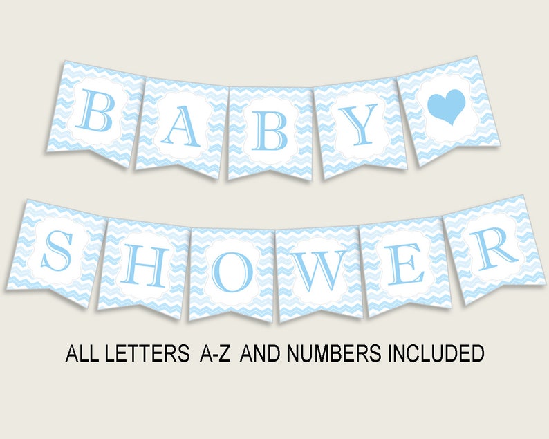 Chevron Baby Shower Banner All Letters, Birthday Party Banner Printable A-Z, Blue White Banner Decoration Letters Boy, Zig Zag Theme cbl01 image 1