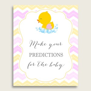 Rubber Ducky Baby Shower Prediction Cards & Sign Printable, Yellow Pink Baby Prediction Game Girl, Instant Download, Rubber Duck rd001 image 2