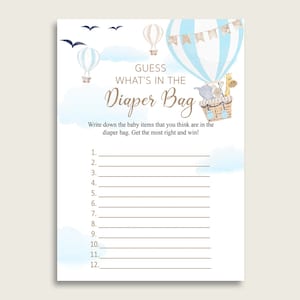 Hot Air Balloon Guess What&#39;s In The Diaper Bag Game, Boy Baby Shower Blue White Diaper Game Printable, Instant Download, Baby Animals, CSXIS