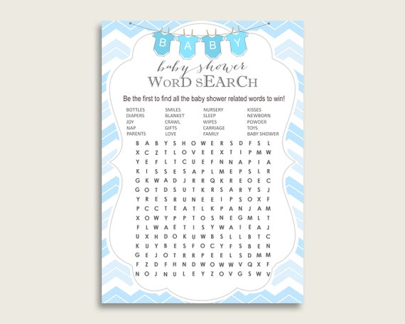 Chevron Word Search Game Blue White Baby Shower Word Search Cards