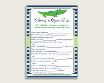Alligator Nursery Rhyme Quiz Printable, Blue Green Nursery Rhyme Game, Blue Green Baby Shower Boy Activities, Instant Download, ap002