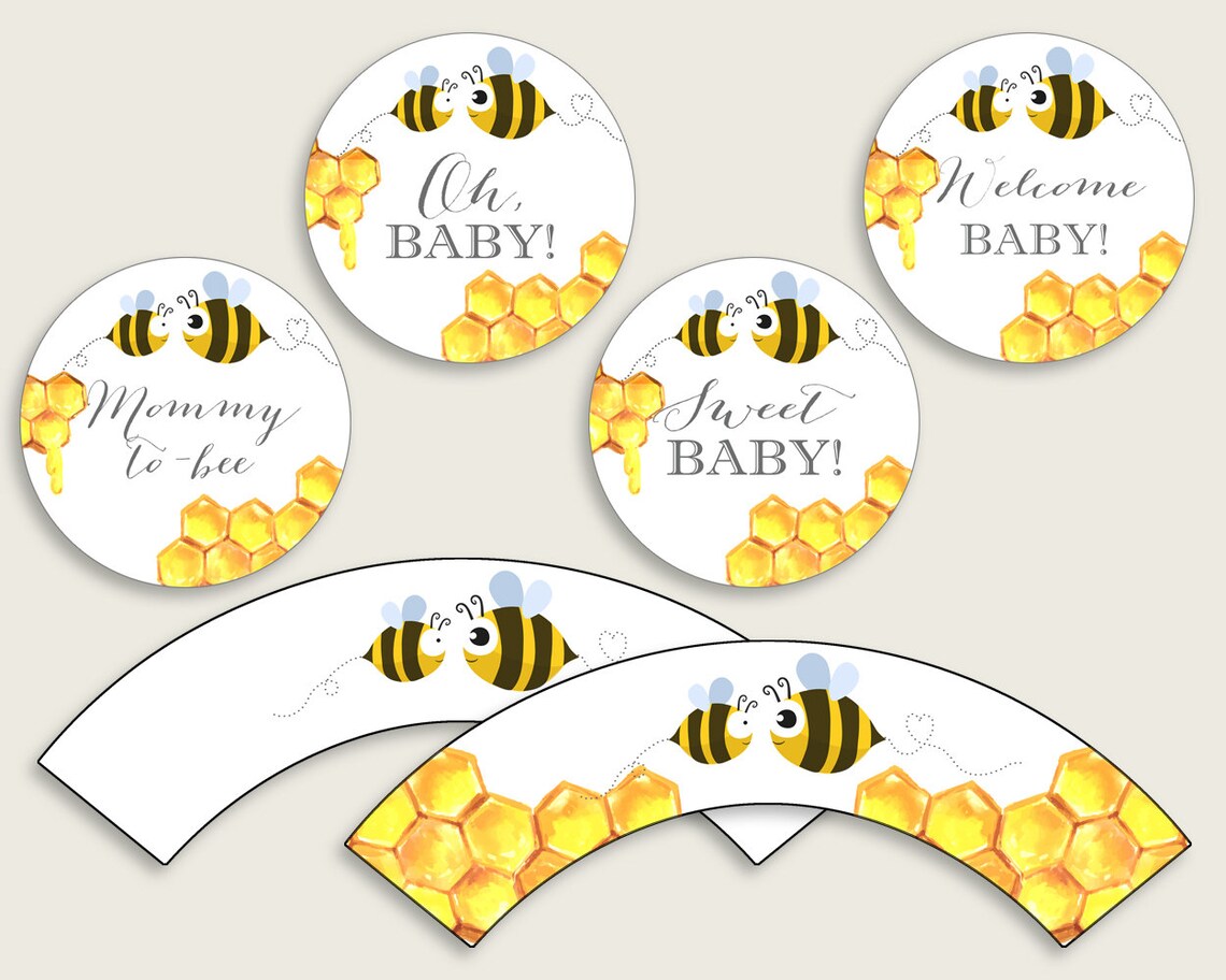 Bee Cupcake Toppers Yellow White Cupcake Wrappers Toppers Etsy