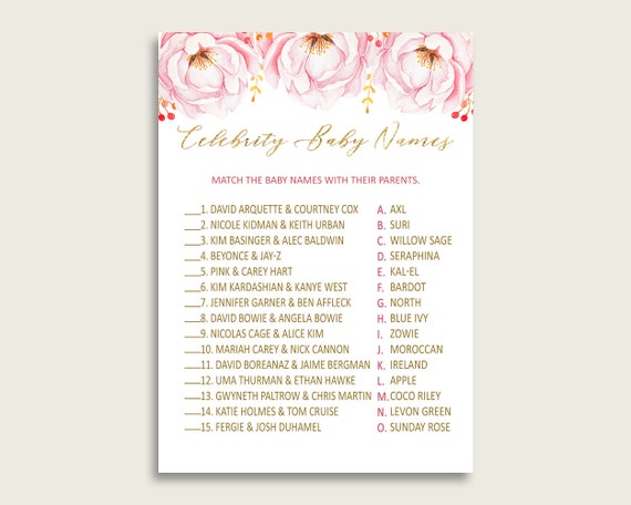Pink Gold Celebrity Baby Names Flowers Peonies Baby Shower Girl
