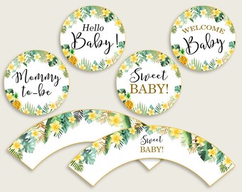 Tropical Cupcake Toppers, Green Yellow Cupcake Wrappers, Toppers Wrappers Baby Shower Gender Neutral, Instant Download, Tropical Theme 4N0VK