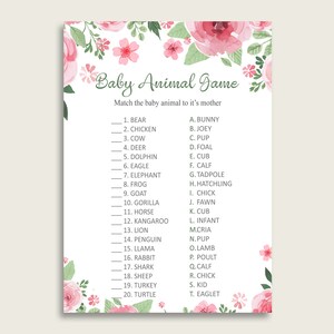 Watercolor Flowers Name The Baby Animals Game Printable, Pink Green Baby Shower Animal Game, Girl Baby Shower, Instant Download, flp01