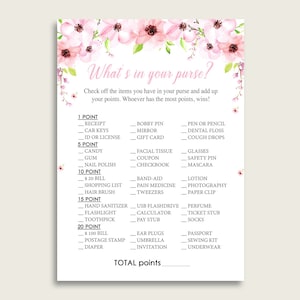 Flower Blush What&#39;s In Your Purse Game Printable, Pink Green Whats In Your Purse, Girl Baby Shower Purse Game, Instant Download, VH1KL