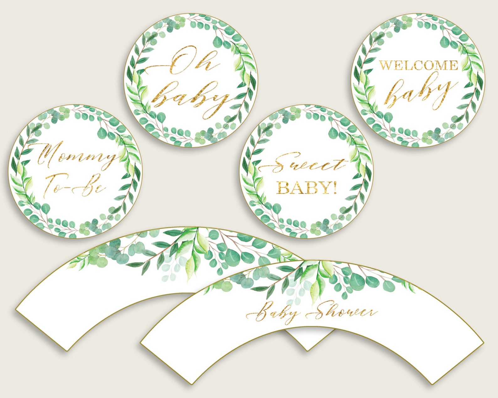 Greenery Cupcake Toppers Green Gold Cupcake Wrappers Toppers Etsy