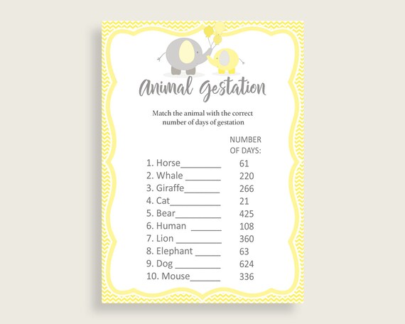 Animal Gestation Baby Shower Animal Gestation Yellow Baby Shower Animal Gestation Baby Shower Elephant Animal Gestation Yellow Gray W6ZPZ Il_570xn