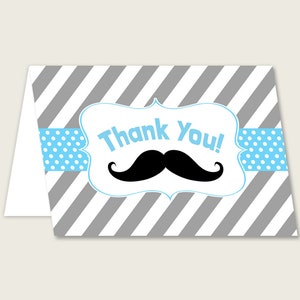 Blau Grau Dankeskarten druckbare, Schnurrbart Baby Shower Dankeschön Notizen, Junge Dusche Danke gefaltet, Instant Download, schwarz Stache 9P2QW