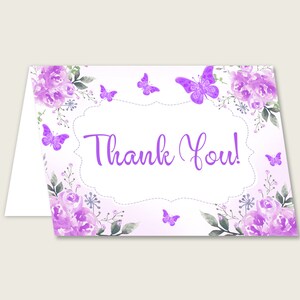Biglietti di ringraziamento bianchi viola stampabili, farfalla Baby Shower note di ringraziamento, ragazza doccia grazie piegato, download istantaneo, 7AANK