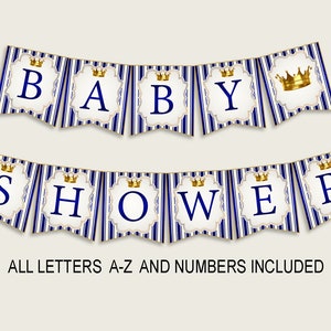 Puede incluir: Bandera a rayas azules y blancas con coronas doradas y las palabras "BABY SHOWER".