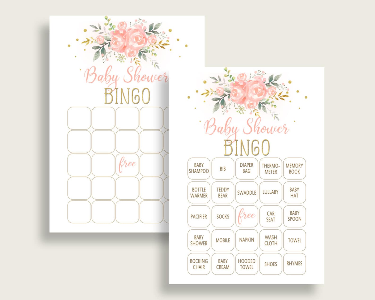 Peach Floral Baby Shower Bingo Cards Printable, Pink Gold Baby Shower ...