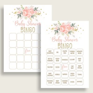 Peach Floral Baby Shower Bingo Cards Printable, Pink Gold Baby Shower Girl, 60 Prefilled Bingo Game Cards, Water Color Flower 1W00B