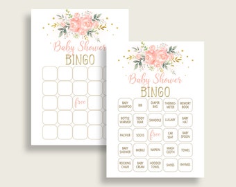 Peach Floral Baby Shower Bingo Karten druckbar, Rosa Gold Baby Shower Girl, 60 vorgefüllte Bingo Spielkarten, Wasserfarbe Blume 1W00B