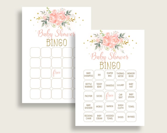 Peach Floral Baby Shower Bingo Cards Printable, Pink Gold Baby Shower Girl, 60 Prefilled Bingo Game Cards, Water Color Flower 1W00B Il_570xn