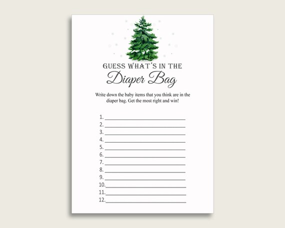 Winter Tree Guess What's In The Diaper Bag Game, Gender Neutral Baby Shower Green White Diaper Game Printable, Instant Download, cgr01 Il_570xn