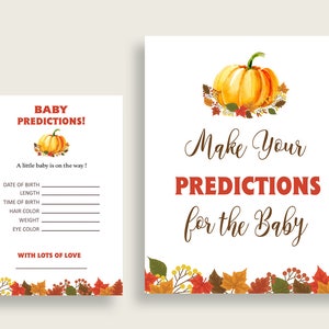 Cartes de prédiction de douche de bébé d'automne et signe imprimable, jeu de prédiction de bébé orange brun sexe neutre, téléchargement immédiat, petite citrouille BPK3D
