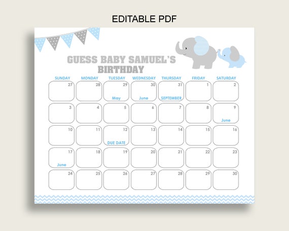 Blue Grey Guess Baby Due Date Calendar Game Printable, Elephant Baby Shower Boy Birthday Prediction Calendar Editable, Instant ebl02 Il_570xn