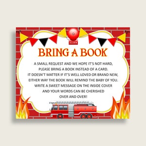Firetruck Baby Shower apporter un livre Insert imprimable, garçon rouge jaune demande de livre, Firetruck livres pour bébé, livre au lieu de carte, LUWX6