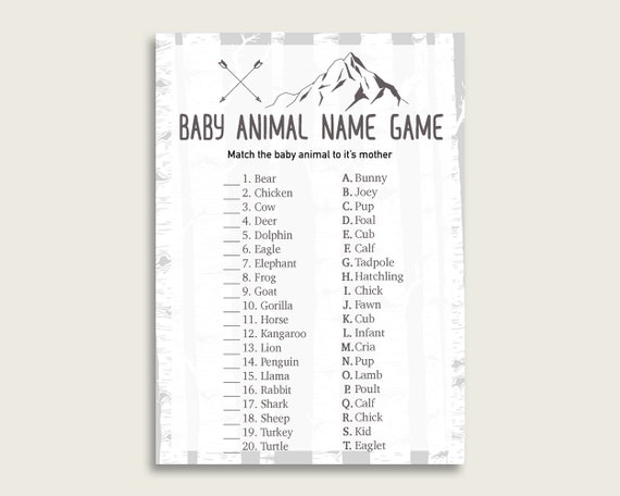 Adventure Mountain Name The Baby Animals Game Printable, Gray White Baby Shower Animal Game, Boy Baby Shower, Instant Download, S67CJ Il_570xn