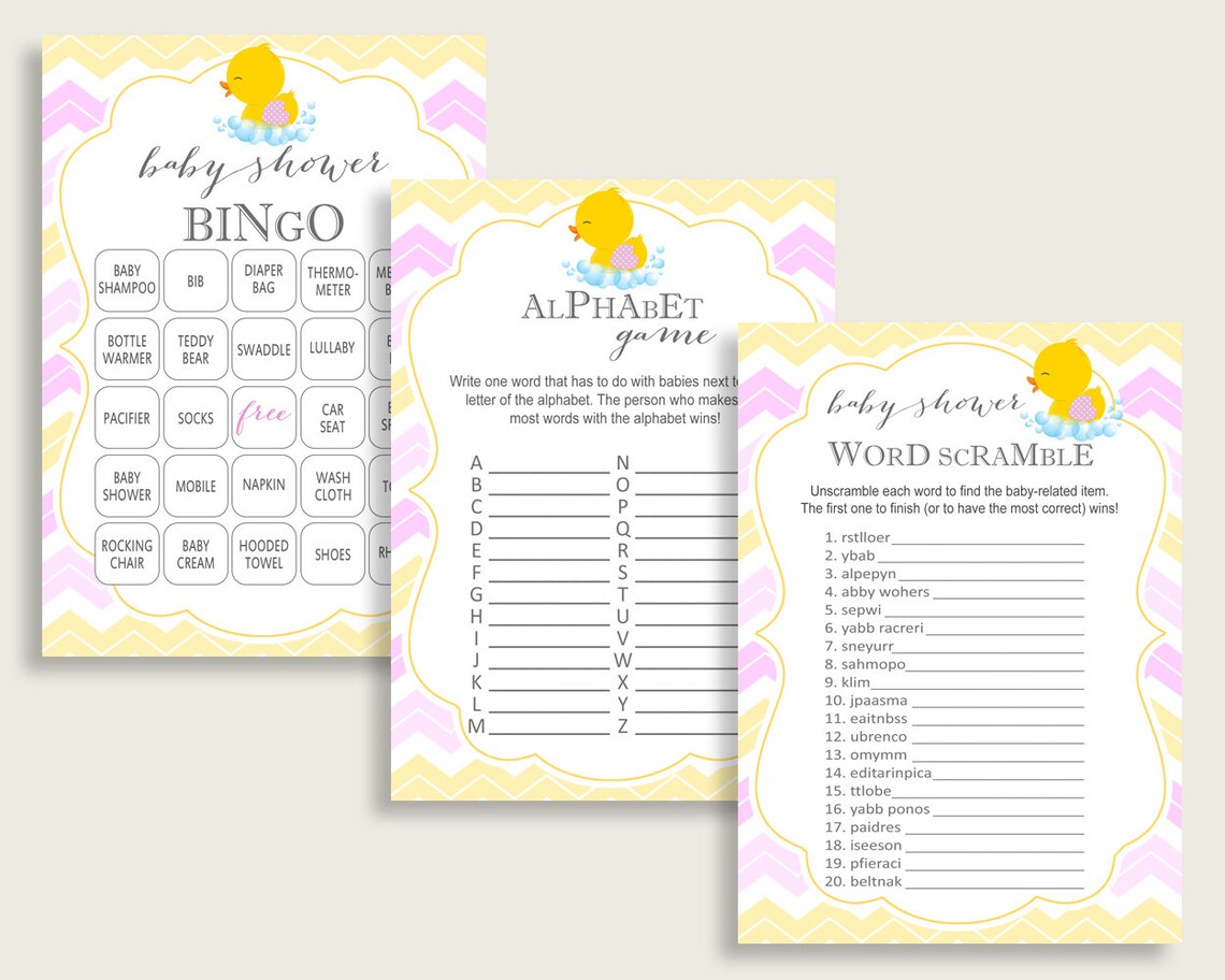 Rubber Ducky Baby Shower Games Printable Pack Yellow Pink | Etsy