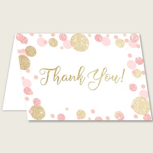 Biglietti di ringraziamento oro rosa stampabili, punti Baby Shower biglietti di ringraziamento, ragazza doccia grazie piegati, download istantaneo, pois RUK83