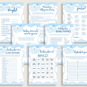 Whale Baby Shower Games Printable Pack, Blue White Baby Shower Games Package Boy, Whale Games Bundle Set, Instant Download, Light Blue wbl01