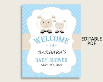 May include: A blue and white welcome sign with a white border and a white background. The sign features two cartoon sheep and the text "Welcome to Barbara's Baby Shower May 16th, 2020".