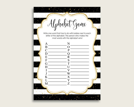 Black Gold Alphabet Baby Shower Gender Neutral Game, Stripes A-Z Guessing Baby Game Printable, ABC's Baby Item Name Game, Instant bs001 Il_570xn