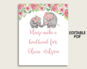 Pink Elephant Baby Shower Headband Sign, Pink Grey Headband Station Sign Editable, Girl Shower Headband For Baby, Instant Download, ep001