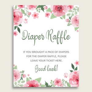 Puede incluir: Un cartel blanco con un borde floral rosa y texto verde que dice "Diaper Raffle". El texto debajo dice "Si trajiste un paquete de pa&ntilde;ales para la rifa de pa&ntilde;ales, por favor deja tu boleto aqu&iacute;. &iexcl;Mucha suerte!"