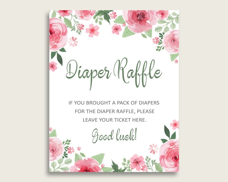 Puede incluir: Un cartel blanco con un borde floral rosa y texto verde que dice "Diaper Raffle". El texto debajo dice "Si trajiste un paquete de pa&ntilde;ales para la rifa de pa&ntilde;ales, por favor deja tu boleto aqu&iacute;. &iexcl;Mucha suerte!"