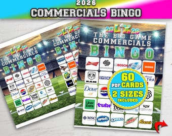 The Big Game Bingo Commercials 2026, Football Commercials Bingo, Football Party Activity, 60 Bingo Game Day Printable, Super Game Bowl Bingo