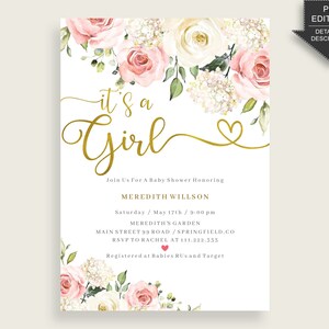 Floral Baby Shower Invitation Printable, Digital Or Printed Invitation Baby Shower Girl, Editable Invitation Pink White , cp001