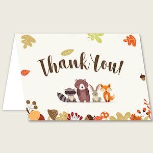 Cartes de remerciement beige marron imprimables, notes de remerciement pour la douche de bébé Woodland, sexe neutre douche merci plié, téléchargement immédiat, w0001