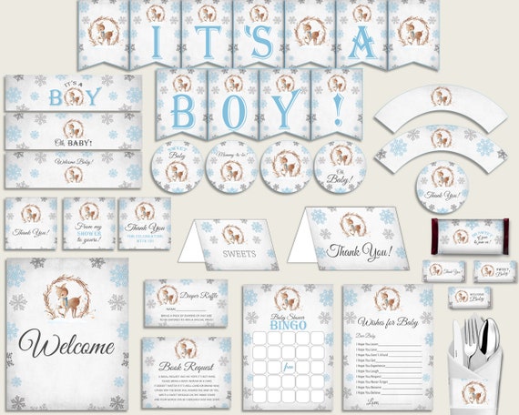 Gray Blue Baby Shower Decorations Boy Kit Winter Deer Baby Shower