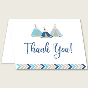 Biglietti di ringraziamento blu Beige stampabili, Teepee tribale Baby Shower Note di ringraziamento, Ragazzo doccia Grazie piegato, Download istantaneo, KS6AW