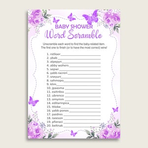 Mädchen Baby Shower Word Scramble Spiel zum ausdrucken, niedlicher Schmetterling lila weiß Worträtsel, lustige Aktivität, sofortiger Download, 7AANK