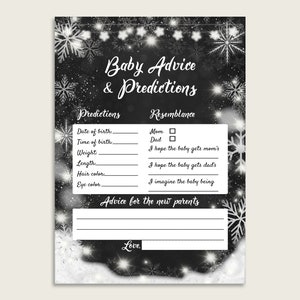 Tableau noir hiver bébé prédictions et cartes de conseils imprimables, carte de jeu de conseils blanc noir, douche de bébé neutre entre les sexes, X9XXW instantané