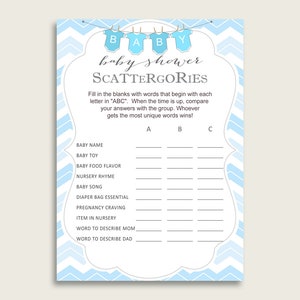 Scattergories Baby Douche Chevron Thema, Blauw Wit Scattergories Spel Afdrukbaar, Jongen Baby Douche Leuke Activiteit, Populaire Gestreepte Lijnen cbl01