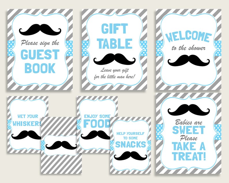 Mustache Baby Shower Boy Table Signs Printable Blue Gray Etsy