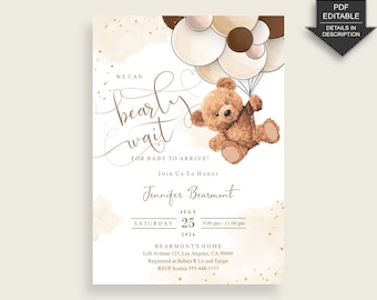 Teddy Bear Baby Shower Invitation Printable, Digital Or Printed Invitation Baby Shower Gender Neutral, Editable Invitation Beige Brown bsh01