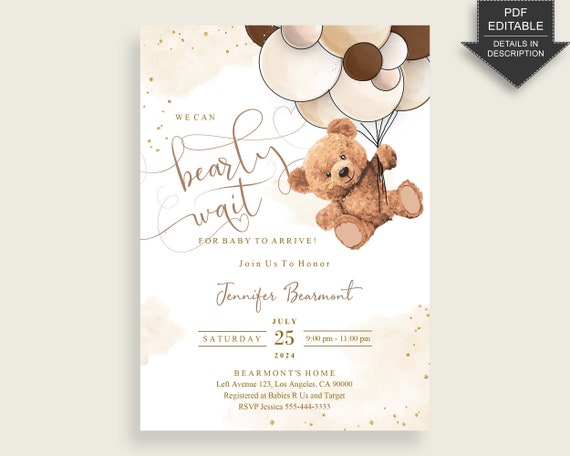 Teddy Bear Baby Shower Invitation Printable, Digital Or Printed Invitation Baby Shower Gender Neutral, Editable Invitation Beige Brown bsh01 Il_570xn