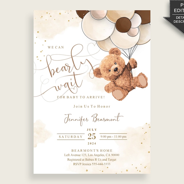 Teddy Bear Baby Shower Invitation Printable, Digital Or Printed Invitation Baby Shower Gender Neutral, Editable Invitation Beige Brown bsh01