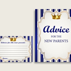 Koninklijke Prins advies voor mama als kaarten & teken, afdrukbare baby shower blauw goud advies voor nieuwe ouders, Instant Download, King Crown rp001