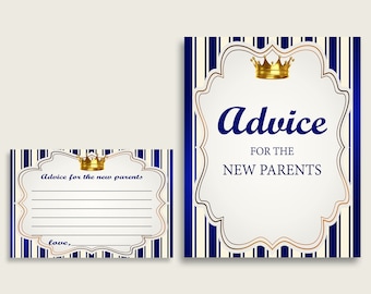Royal Prince Advice For Mommy To Be Cards & Sign, Printable Baby Shower Blue Gold Advice For New Parents, Instant Download, King Crown rp001