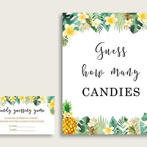 Gioco di indovinare caramelle verdi gialle, cartello e carte di genere neutro per baby shower tropicale, indovina quante caramelle, gioco di barattoli di caramelle, gelatina 4N0VK