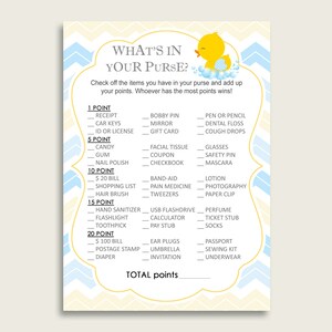 Rubber Duck What&#39;s In Your Purse Game Printable, Yellow Blue Whats In Your Purse, Boy Baby Shower Purse Game, Instant Download, rd002