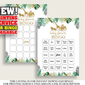Jungle Baby Shower Bingo Karten zum ausdrucken oder gedruckt, Gold Grün Baby Shower geschlechtsneutral, 60 vorgefüllte Bingo Spielkarten, niedliches Tier EJRED